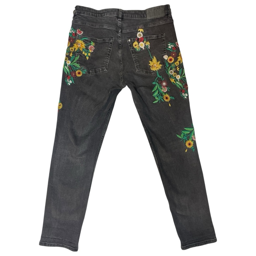 H&M Embroidered Floral Black Washed Denim Girlfriend Fit Jeans